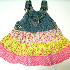 Vintage Oshkosh Girl's Overalls Dress Denim Ruffle Polk Dot Pink 12 Months
